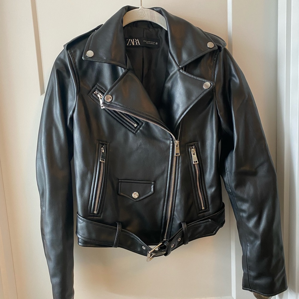 Zara black faux-leather moto jacket XS